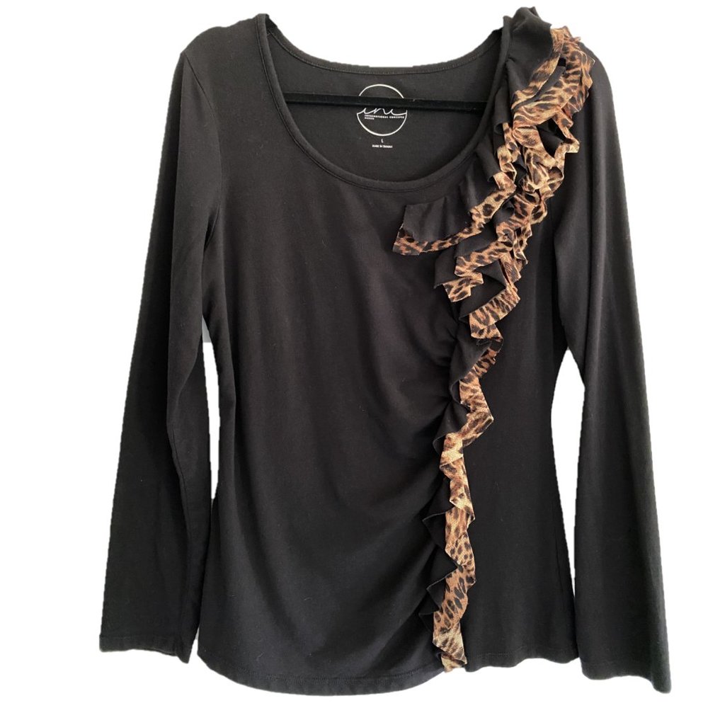 INC Black Longsleeve w/Leopard Print RuffleTop Med